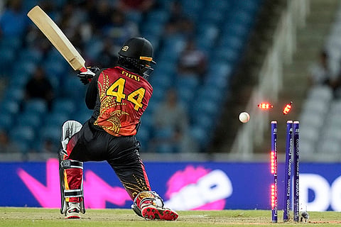 PNG's Hiri Hiri is bowled out by Naveen-ul-Haq